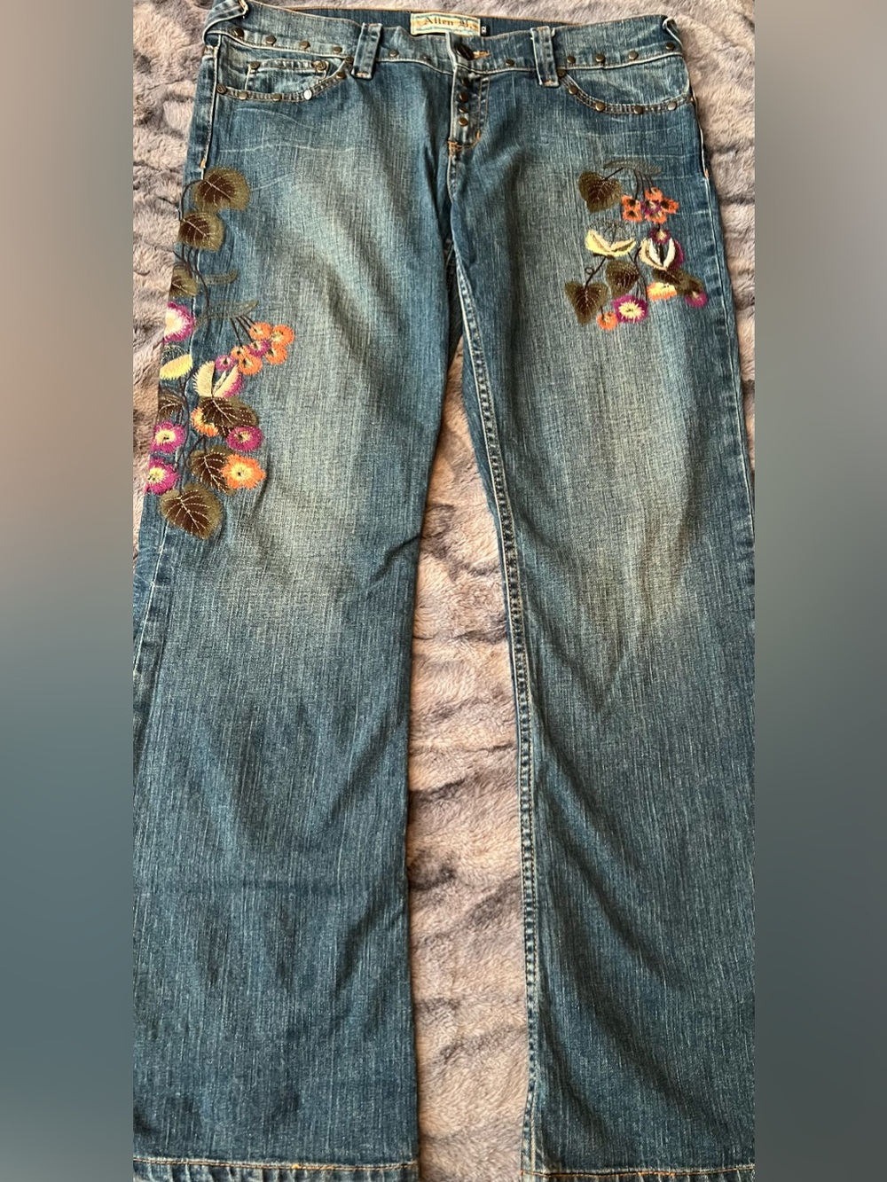 Allen B. Women's Studded Embroidered Floral Bootcut Blue Denim Jeans